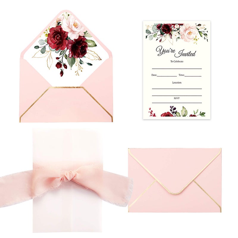 DORIS HOME 25PCS Invitations Cards for Bridal Shower Invite/Baby Shower/Wedding/Rehearsal (25PCS Pink Burgundy Flower Fill-in) - Image 1